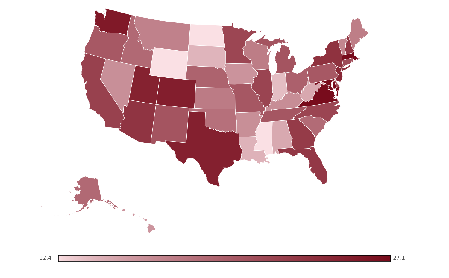 US choropleth of weighted AI automation score by state, knowledge-work occupations